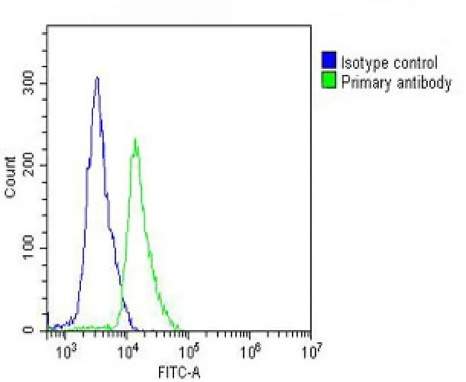 FACS analysis of Jurkat cells using GTX81602 CD62L antibody, C-term. Green : CD62L Blue : Isotype control Fixation : 2% paraformaldehyde (PFA) (10 min) Dilution : 1:25