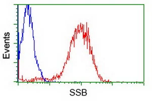 FACS analysis of Jurkat cells using GTX83560 SSB antibody [3H9]. Red : Primary antibody Blue : Negative control antibody