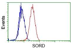 FACS analysis of Jurkat cells using GTX83589 Sorbitol Dehydrogenase antibody [9E7]. Red : Primary antibody Blue : Negative control antibody