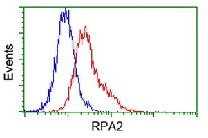 FACS analysis of Jurkat cells using GTX83688 RPA32 antibody [8B3]. Red : Primary antibody Blue : Negative control antibody