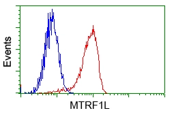 FACS analysis of Jurkat cells using GTX84071 MTRF1L antibody [1B3]. Red : Primary antibody Blue : Negative control antibody