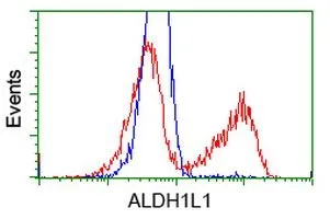 FACS analysis of Jurkat cells using GTX84894 ALDH1L1 antibody [7G6]. Red : Primary antibody Blue : Negative control antibody